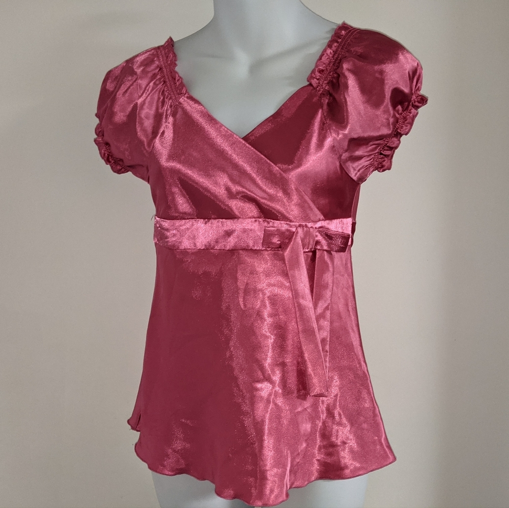 Satin pink puff sleeve gathered ruffle blouse surplice babydoll waist tie top
